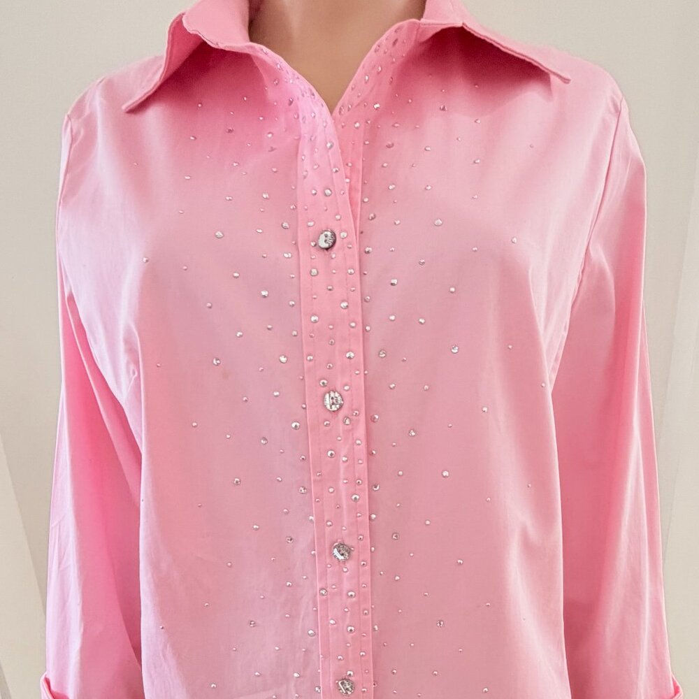 CHRISTINE ALEXANDER Size L Embellished Button Front Long Sleeve Blouse Pink